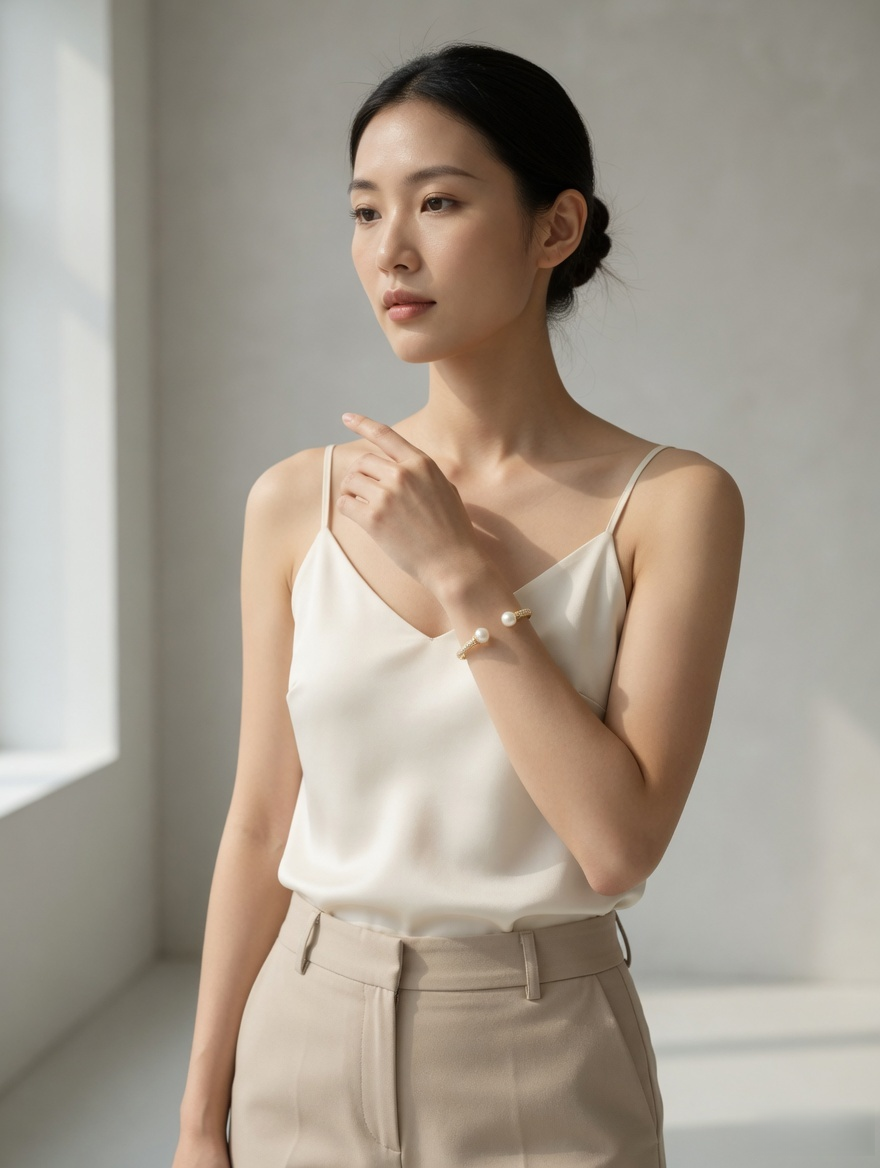 CARV. gold pearl open cuff bangle worn on wrist