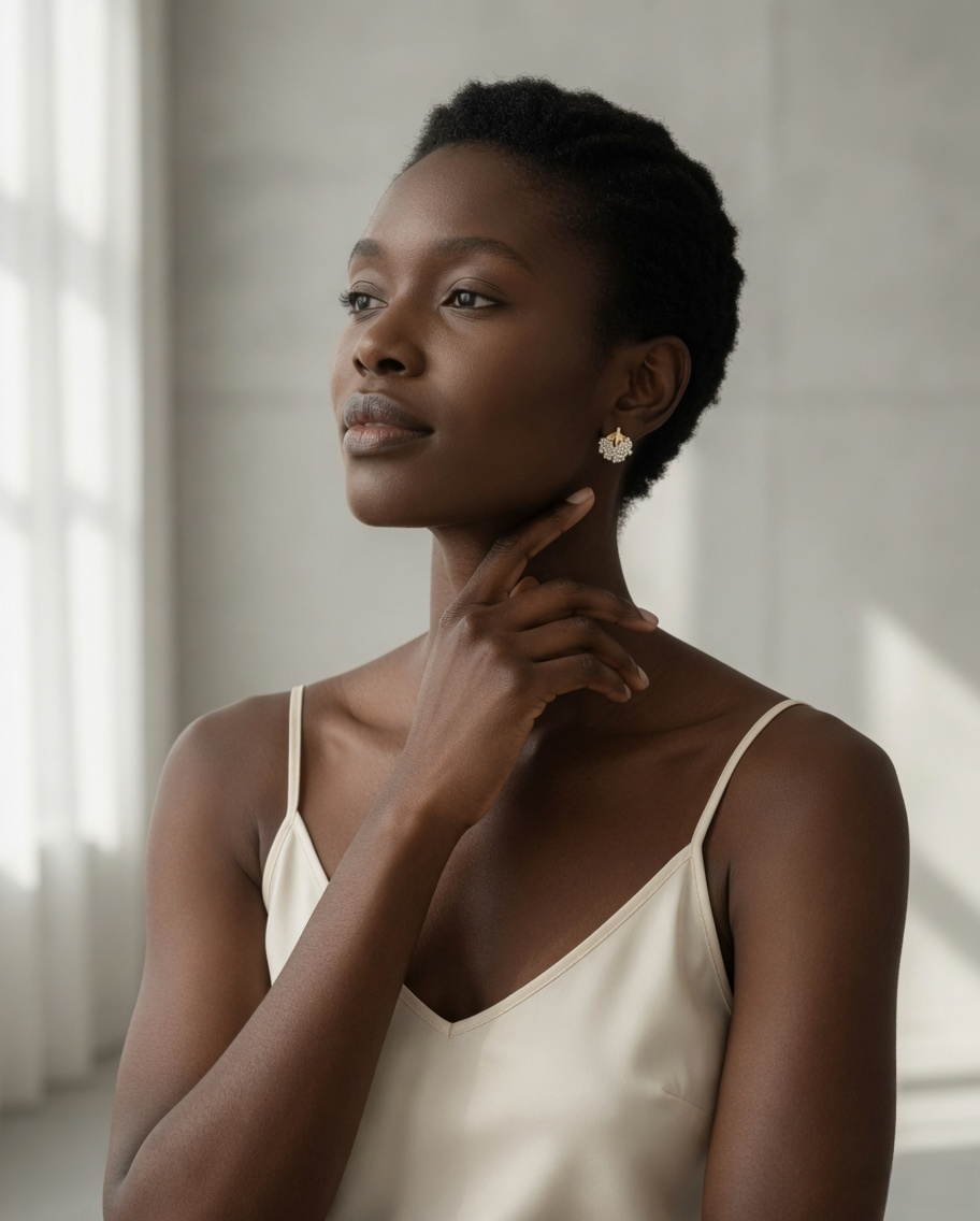 CARV. gold floral leaf stud earrings with textured leaf detail worn on ear