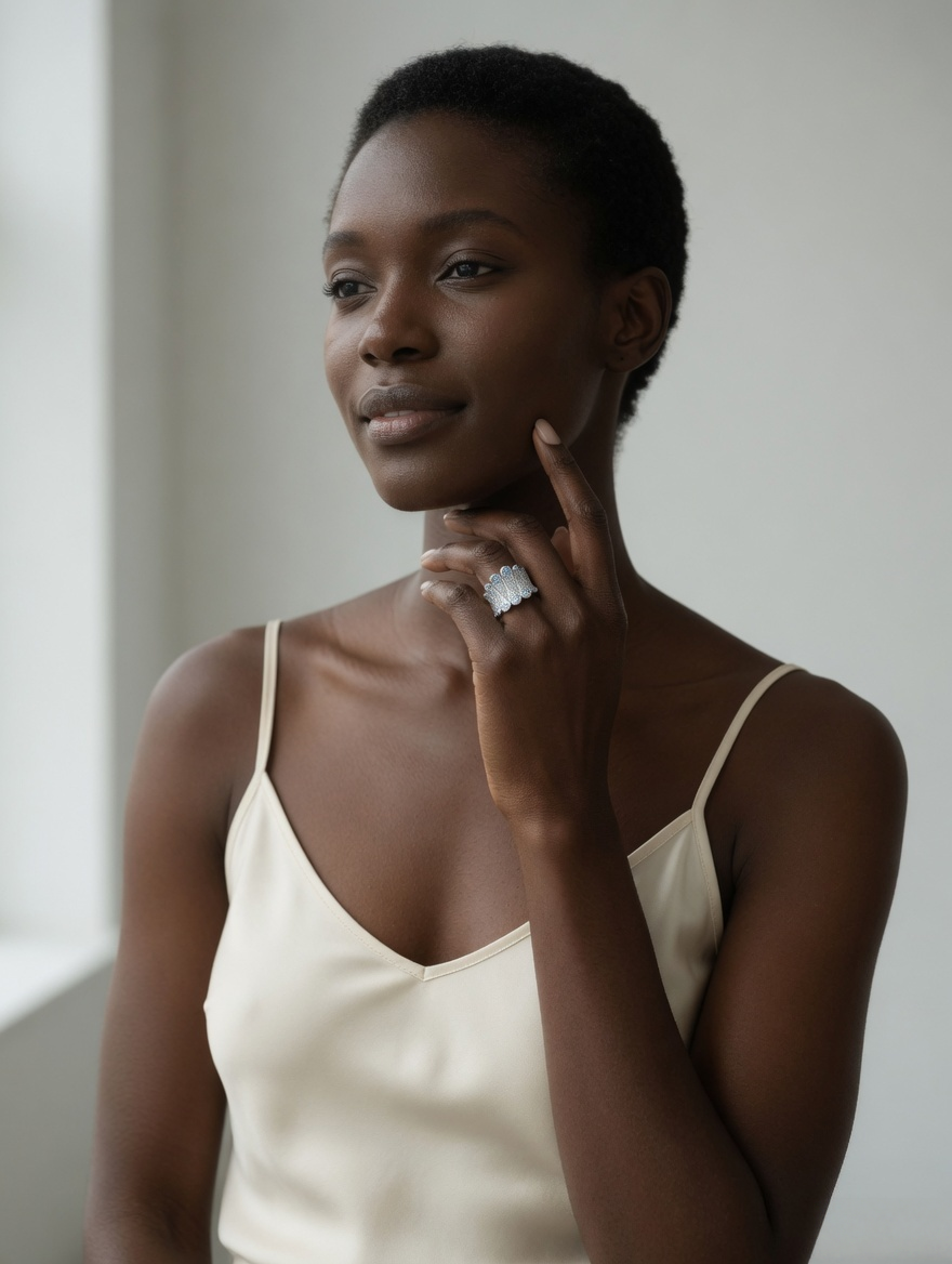 CARV. silver feather statement ring styled with a white dress for refined outfit styling
