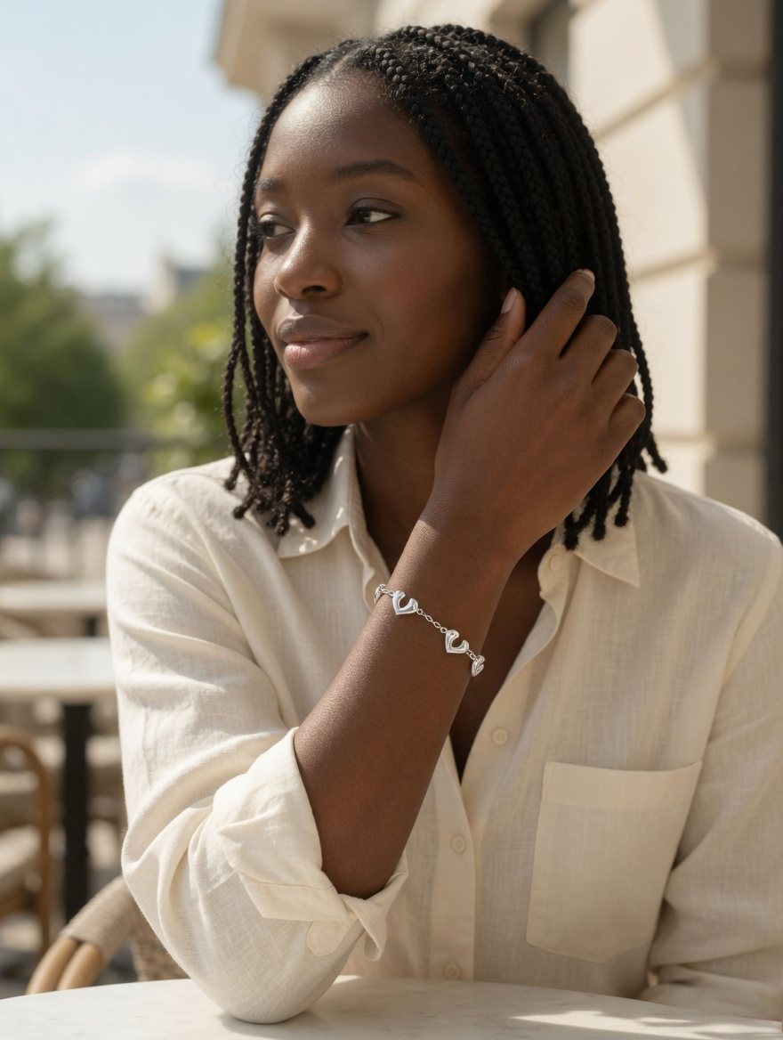 CARV. silver open heart charm bracelet worn outdoors with a casual seated look
