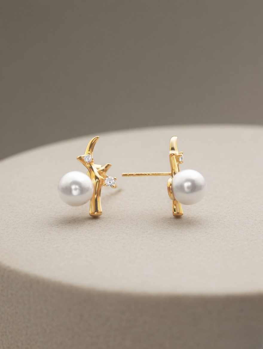 CARV. gold pearl branch stud earrings with white pearl, branch motif and clear crystal accents product display
