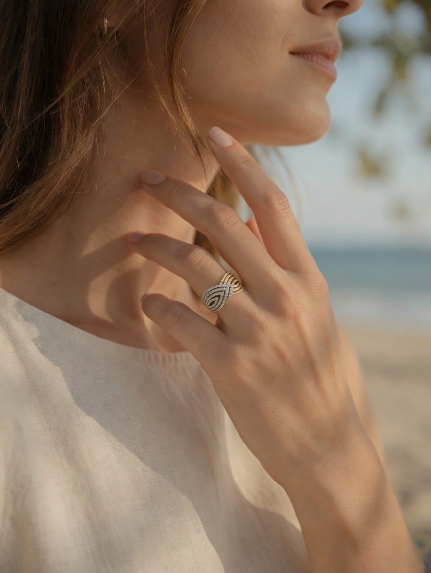 CARV. two-tone pavé crossover ring shown on hand with sculptural wrap shape and sparkling pavé detail