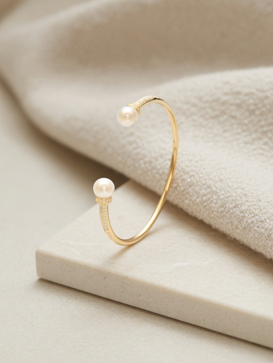 CARV. gold pearl open cuff bangle product close-up on fabric and stone surface