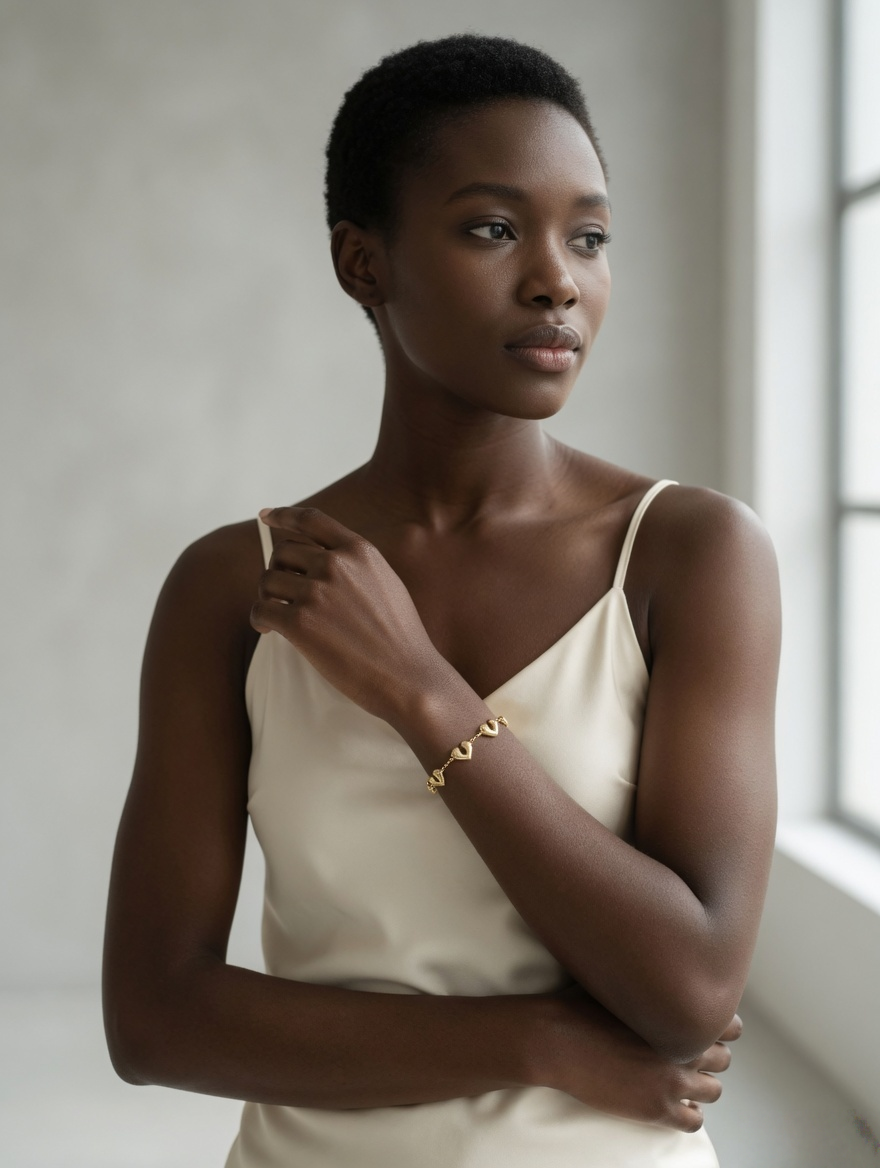 CARV. gold open heart charm bracelet styled on wrist with a sleeveless indoor look