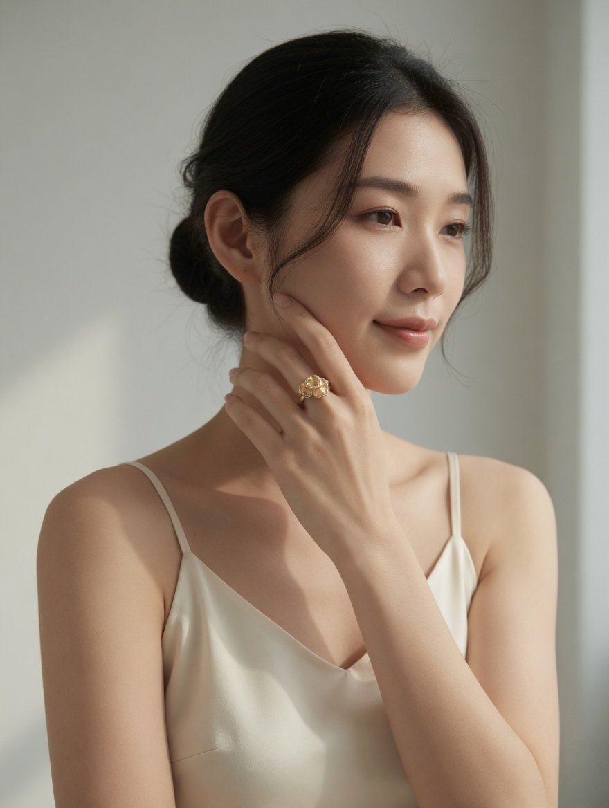 CARV. gold floral statement ring worn on hand with flower shape, layered petals and wide band