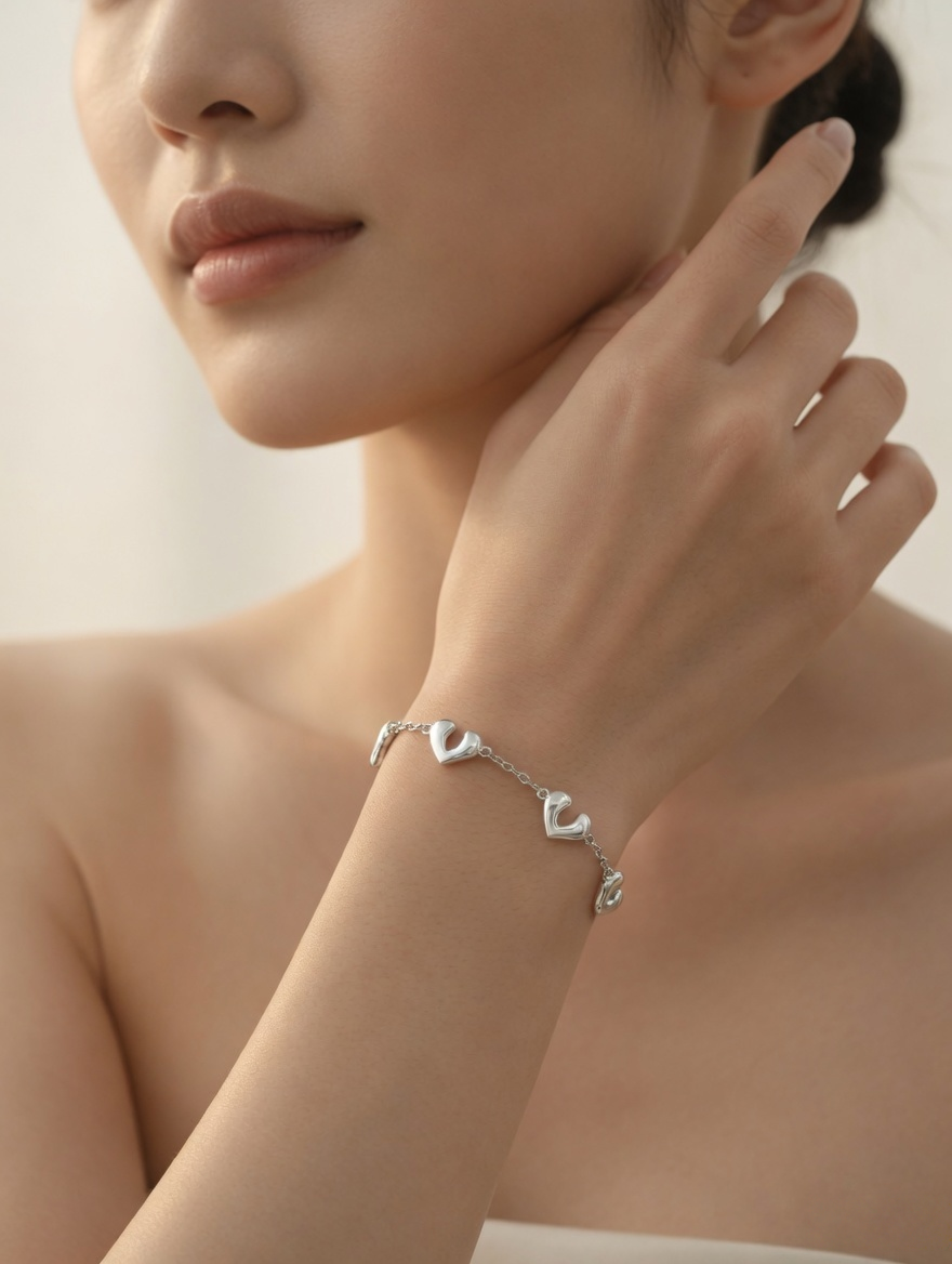 CARV. silver open heart charm bracelet worn on wrist in a soft close-up portrait