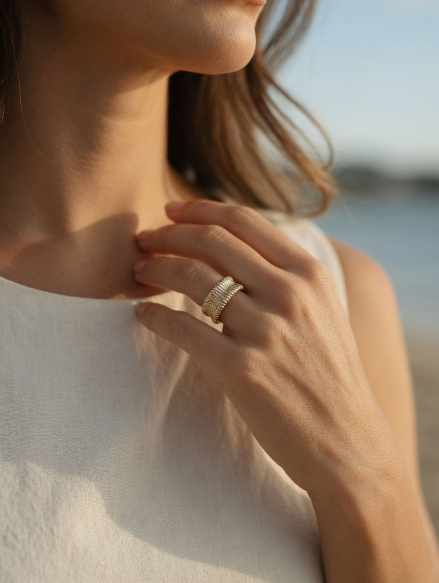 CARV. gold textured wide band ring worn on hand with wide ribbed band design