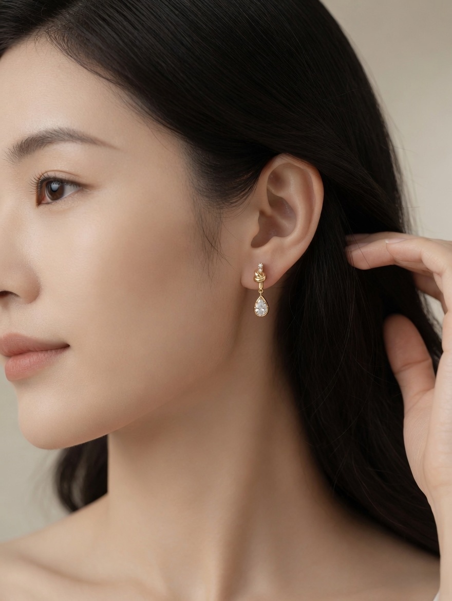CARV. gold bow knot drop earrings worn on ear with pear-cut drop stone detail