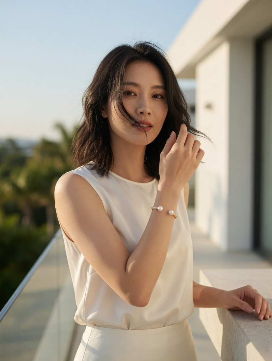 CARV. gold pearl open cuff bangle worn on wrist