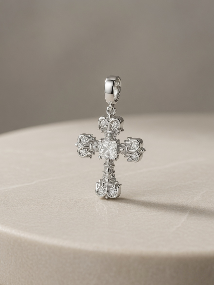 CARV. silver crystal cross pendant necklace with ornate cross design on display