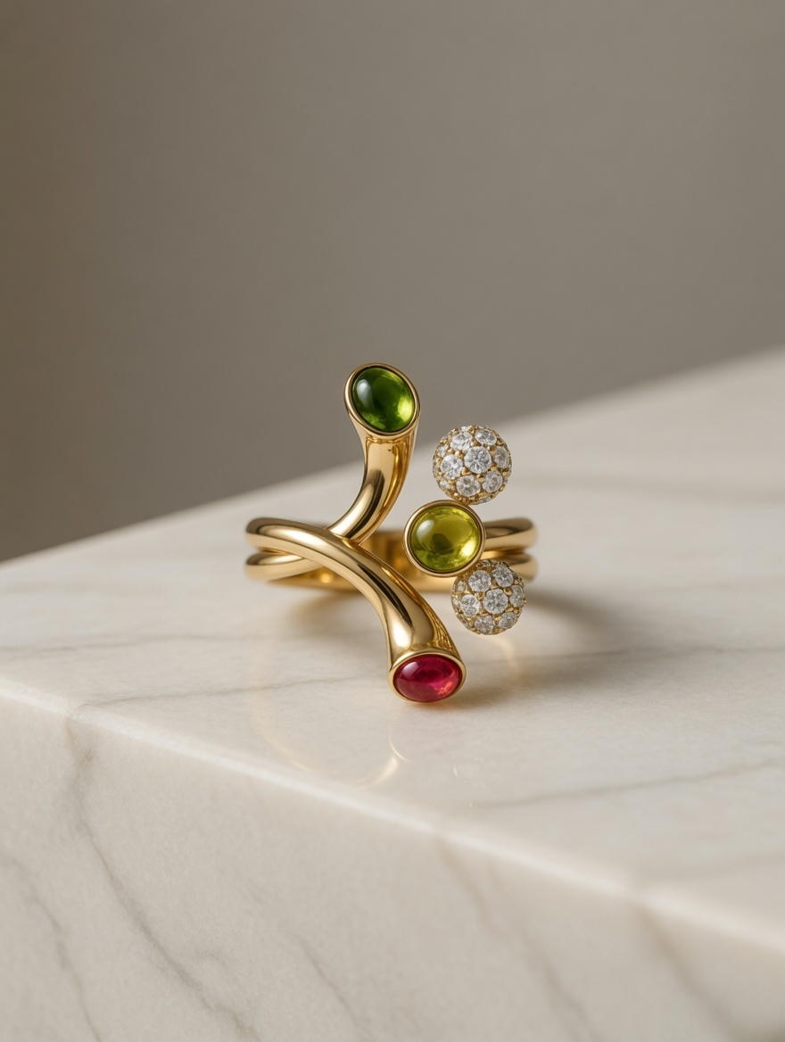 CARV. gold multi-stone open ring with colourful stones and sculptural open band