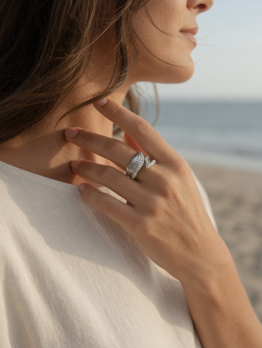 CARV. silver leaf open ring worn on hand with textured leaf shape and sparkling pavé accents