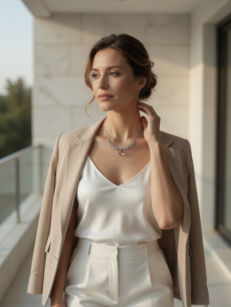 CARV. silver crystal drop necklace worn at collarbone with layered crystal detail and round drop pendant